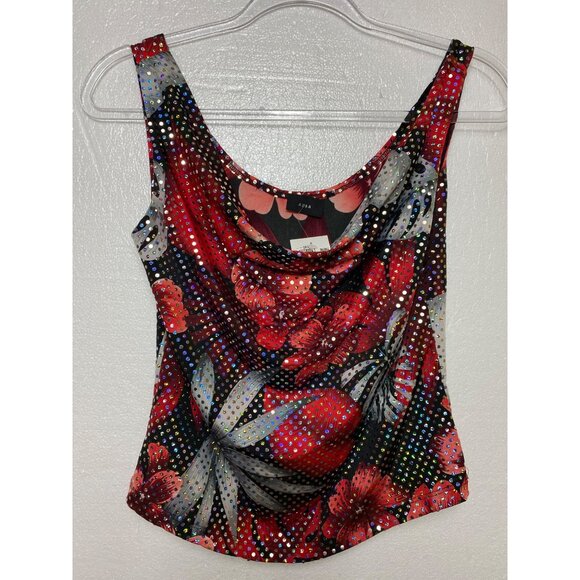 Aura Womens Floral & Polka Dot Sleeveless Top Cowl Neck Small Bling Red Sexy Hot - Picture 1 of 4